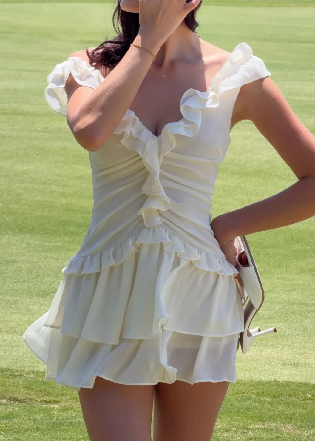 White Off Shoulder Ruffle Ruched Tiered Chiffon Mini Dress
