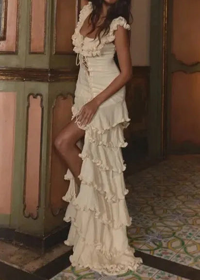 Cream Ruffle Sleeveless Lace-Up Corset Asymmetric Tiered Ruffle Maxi Dress