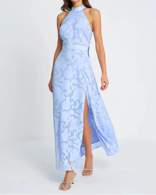 Light Blue Halter Jacquard Open Back Slit Maxi Dress