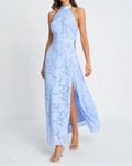 Light Blue Halter Jacquard Open Back Slit Maxi Dress