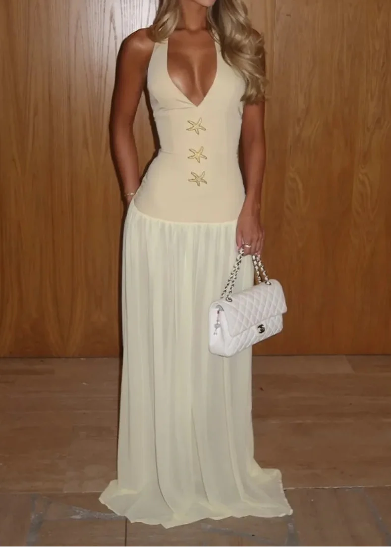 Light Yellow Halter Starfish Accent Waist-Cinched Chiffon Maxi Dress