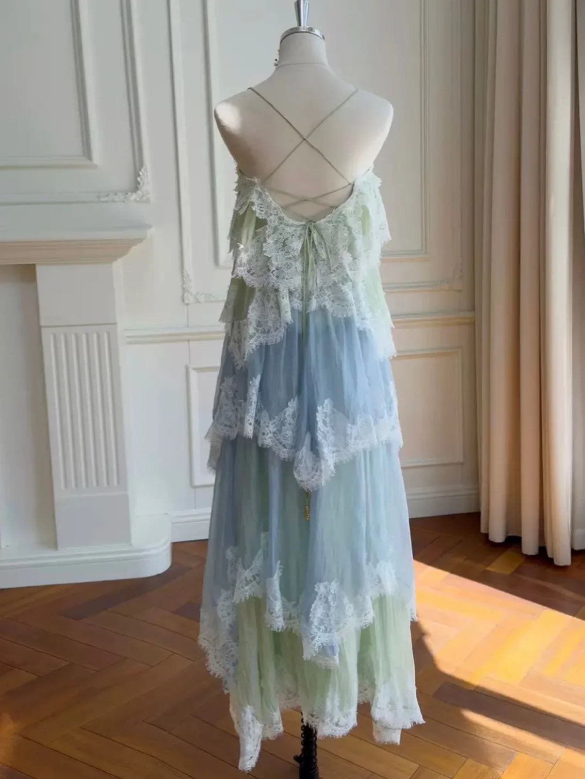 Gradient Green Blue Lace Crisscross Back Tiered Maxi Dress