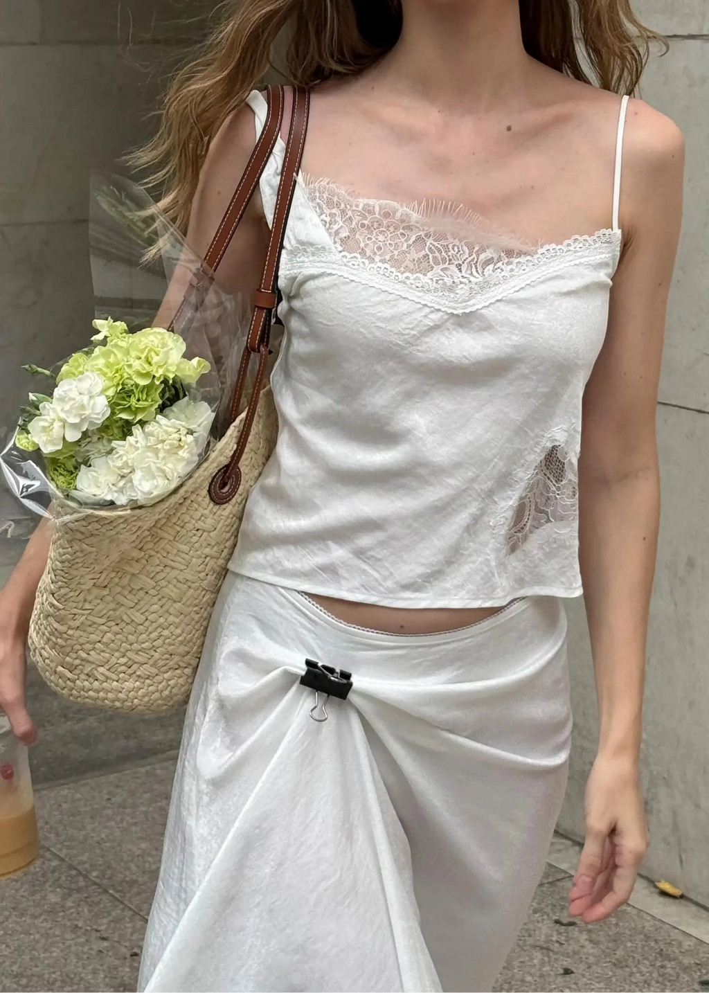 French Lazy Style Lace Patchwork Cami + Wrap Lace Hem Midi Skirt Set
