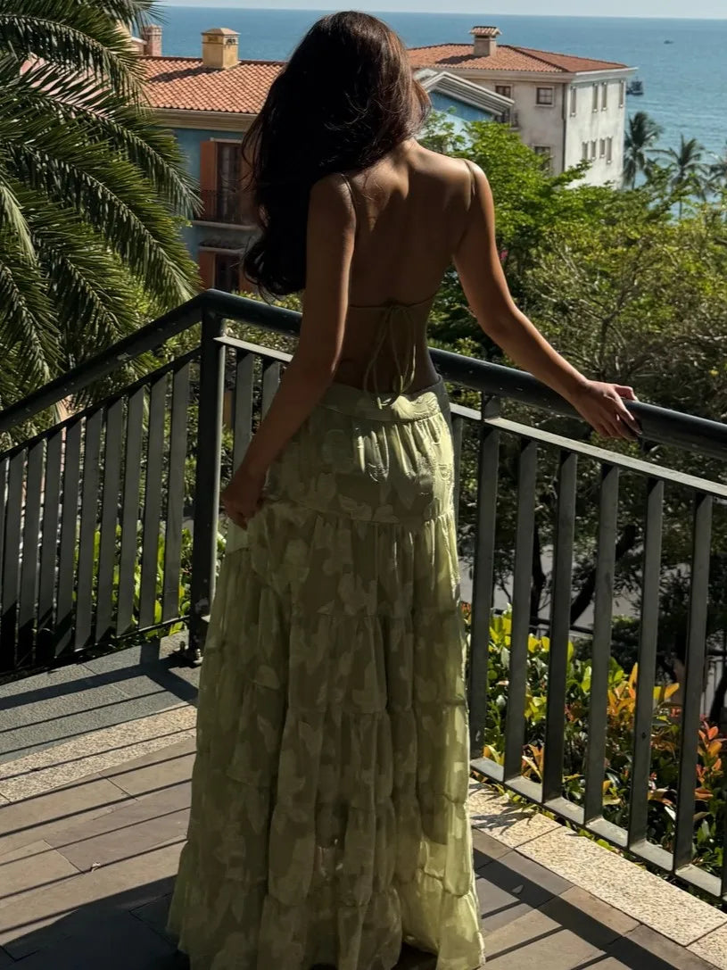 Light Green Jacquard Open-Back Tiered Maxi Dress