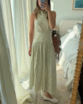 Light Green Striped Stand Collar Sleeveless Fitted Waist Flared Midi Dress