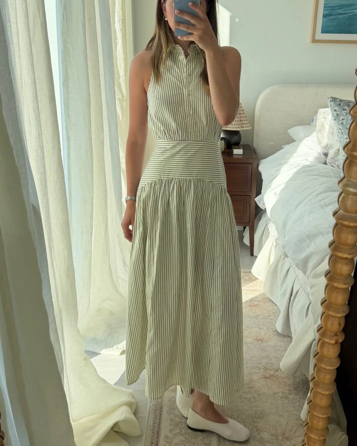 Light Green Striped Stand Collar Sleeveless Fitted Waist Flared Midi Dress