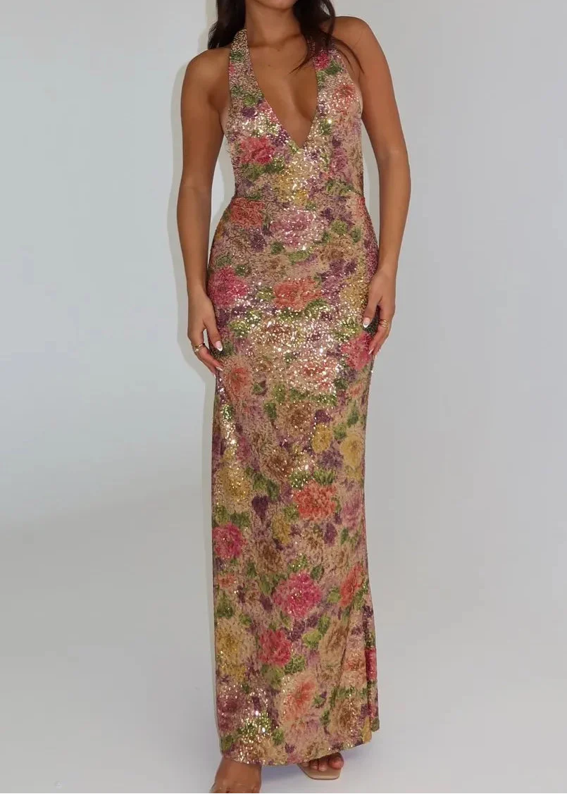 Floral Sequin Halter Gown - Backless Slim-Fit Lady-like Maxi Dress
