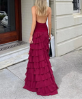 Burgundy Halter Ruched Rose Accent Ruffled Backless Maxi Dress