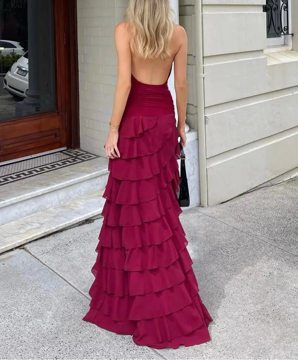Burgundy Halter Ruched Rose Accent Ruffled Backless Maxi Dress