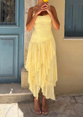 Light Yellow Cami Strap Asymmetric Ruffle Midi Dress
