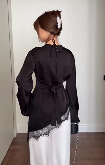 Satin Lace Trim Tie-Waist Flare Sleeve Top