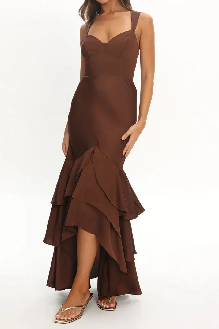Chocolate Sweetheart Neckline Tiered Ruffle Mermaid Maxi Dress