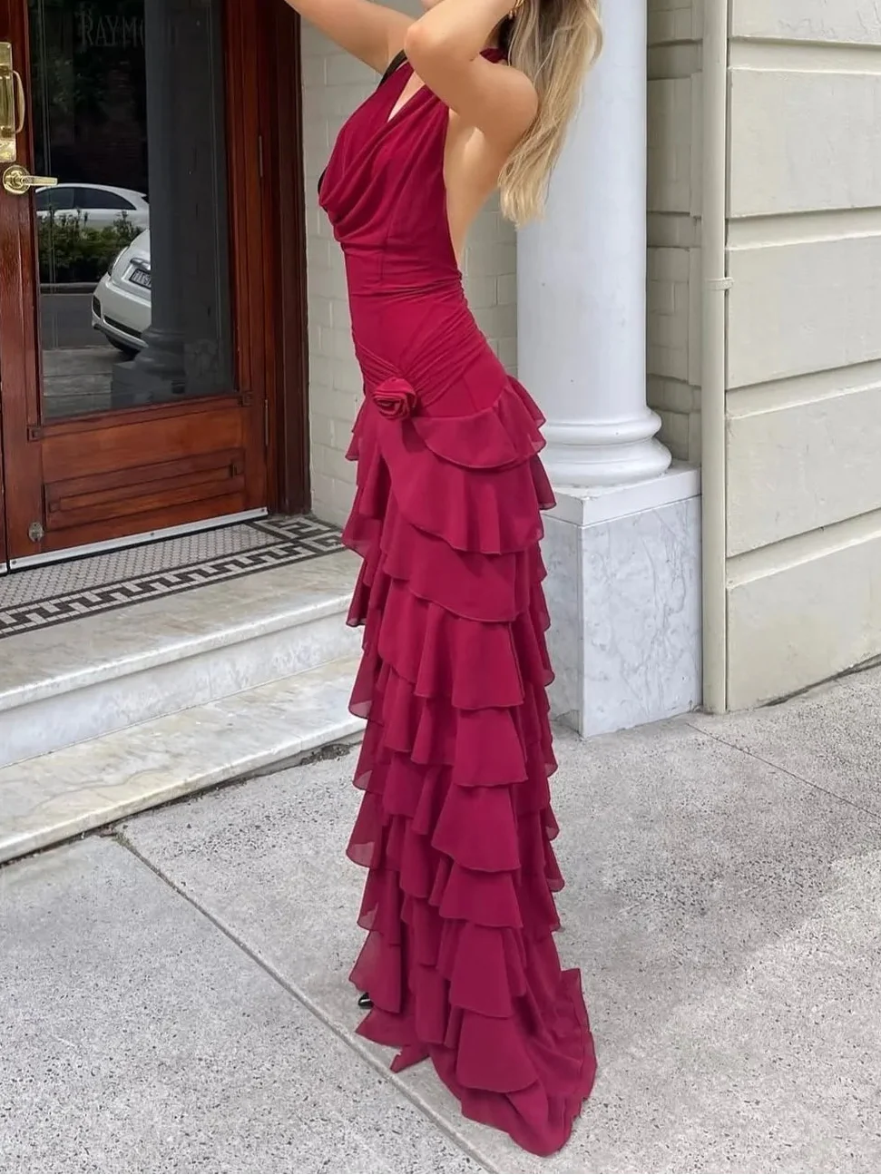 Burgundy Halter Ruched Rose Accent Ruffled Backless Maxi Dress