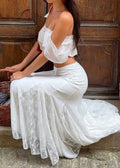 White Lace Off-Shoulder Ruffle Top & Spliced Mermaid Skirt Set