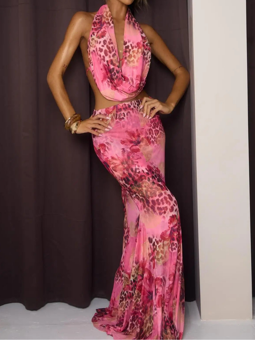 Pink Leopard Print Halter Backless Two-Piece Set