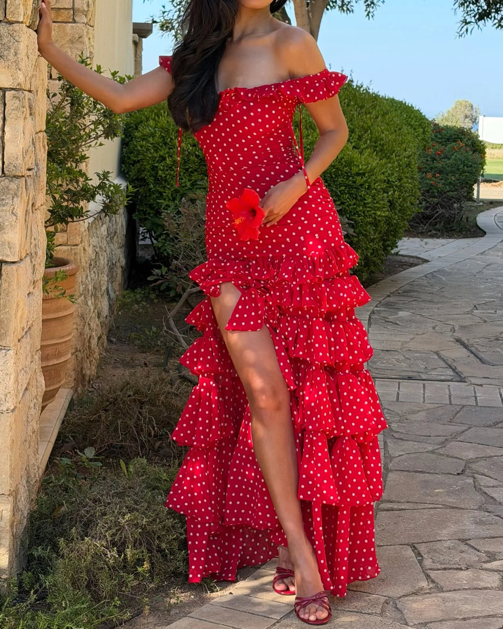 Polka Dot Off-Shoulder Tiered Ruffle Chiffon Maxi Dress