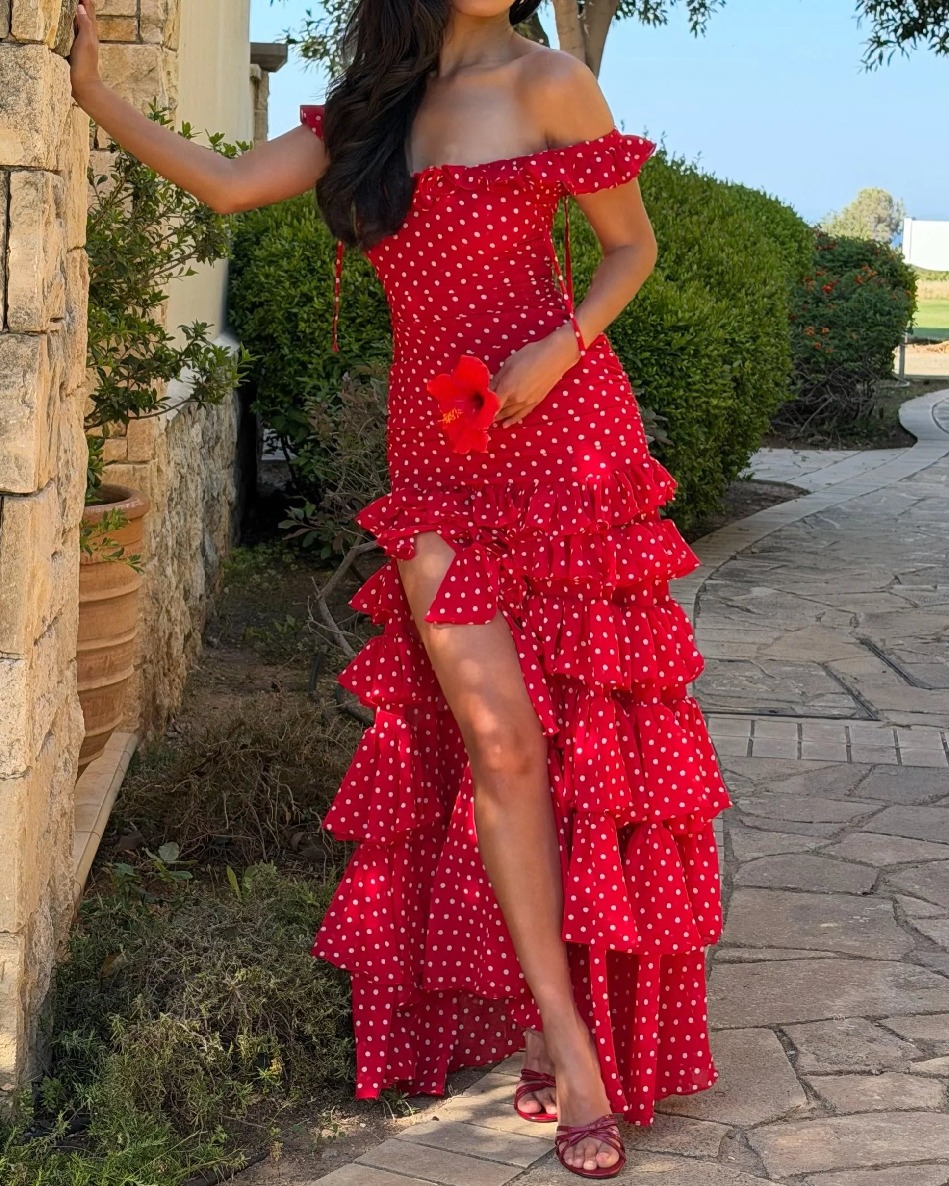Polka Dot Off-Shoulder Tiered Ruffle Chiffon Maxi Dress