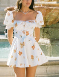 Women Square Neck Puff Sleeve Lace Trim Floral Print Mini Skater Dress