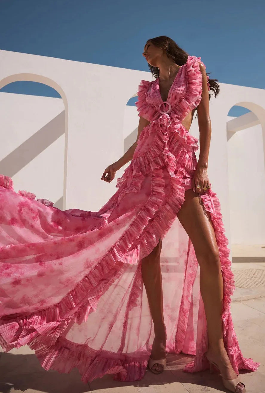 Pink Tie-Dye Ruffle Backless High Slit Maxi Dress | Vacation Style Sexy Party Gown