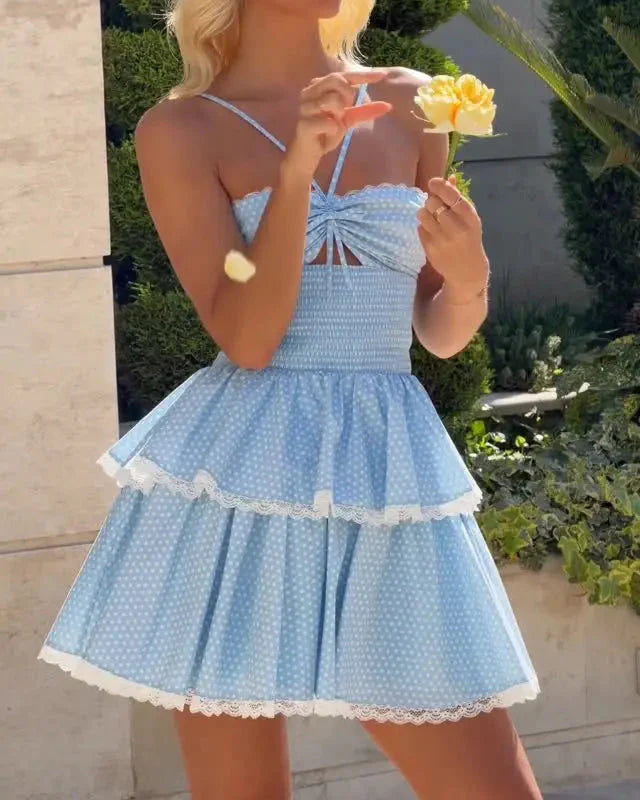 Light Blue Polka Dot Crisscross Tie Cutout Cami Tiered Ruffle Mini Dress | Sweet Lace Trim Sundress