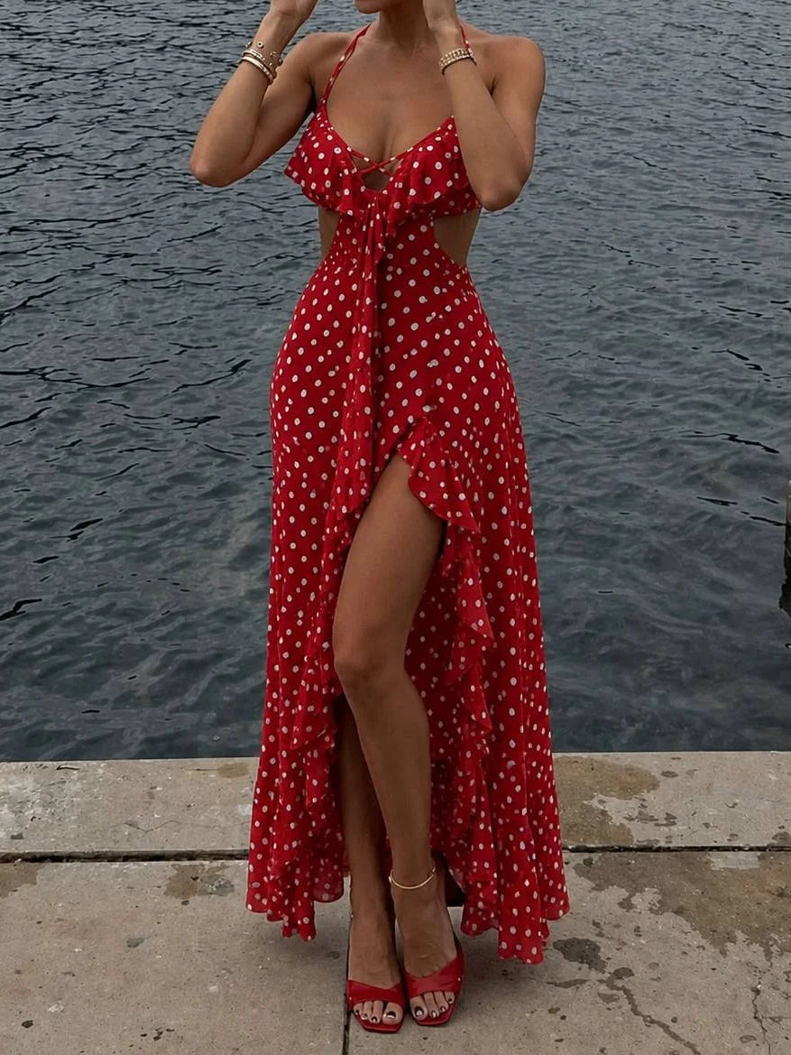 Polka Dot Halter Ruffled Cut-Out High-Slit Maxi Dress