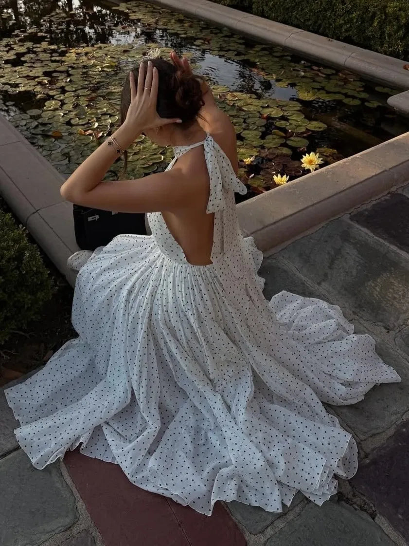 Polka Dot Halter Open Back Flowy A-line Maxi Dress