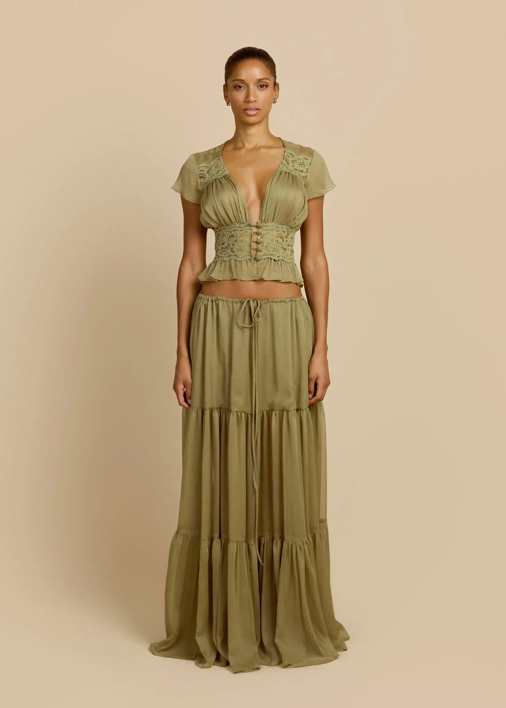 Olive Green Lace Trim Set - French Romantic Two-Piece Set