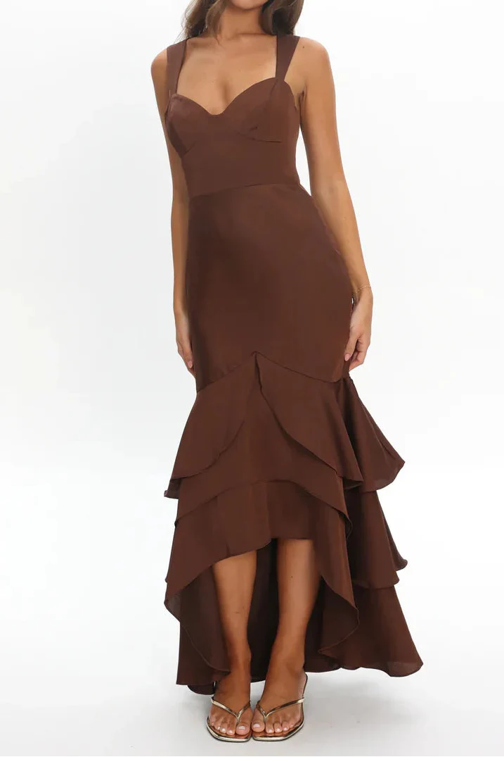 Chocolate Sweetheart Neckline Tiered Ruffle Mermaid Maxi Dress