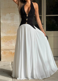 Black & White Halter Gold Button Waist-Cinched Vacation Maxi Dress
