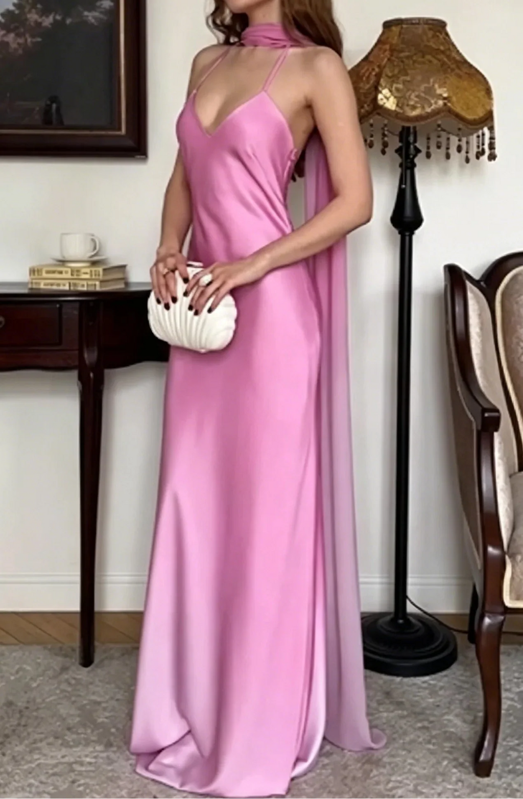 Pink Satin V-Neck Spaghetti Strap Backless Evening Gown with Drape