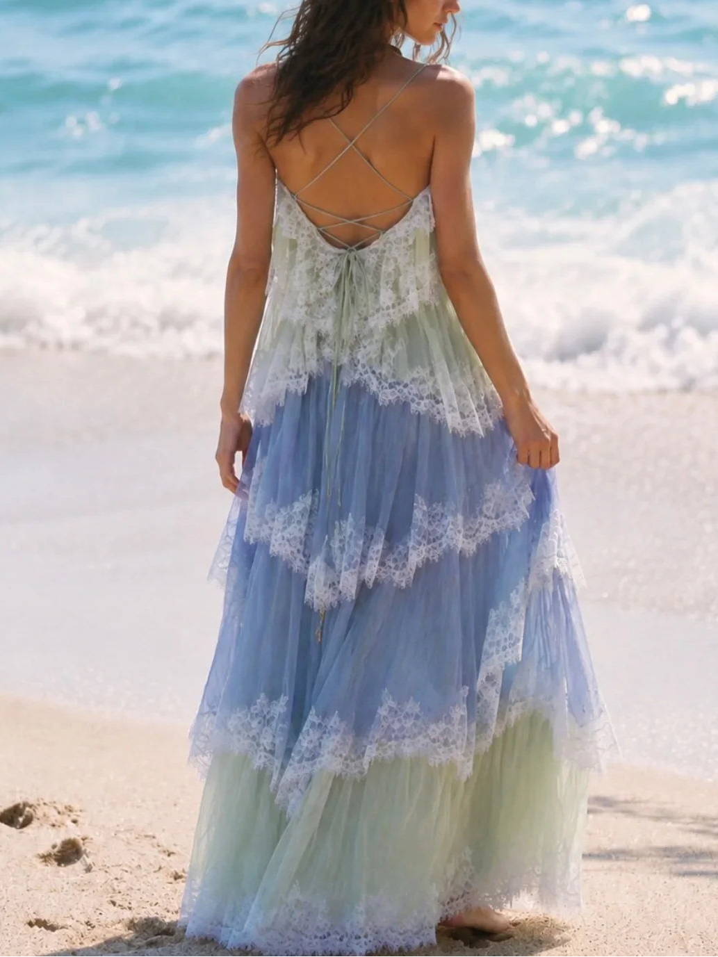 Gradient Green Blue Lace Crisscross Back Tiered Maxi Dress