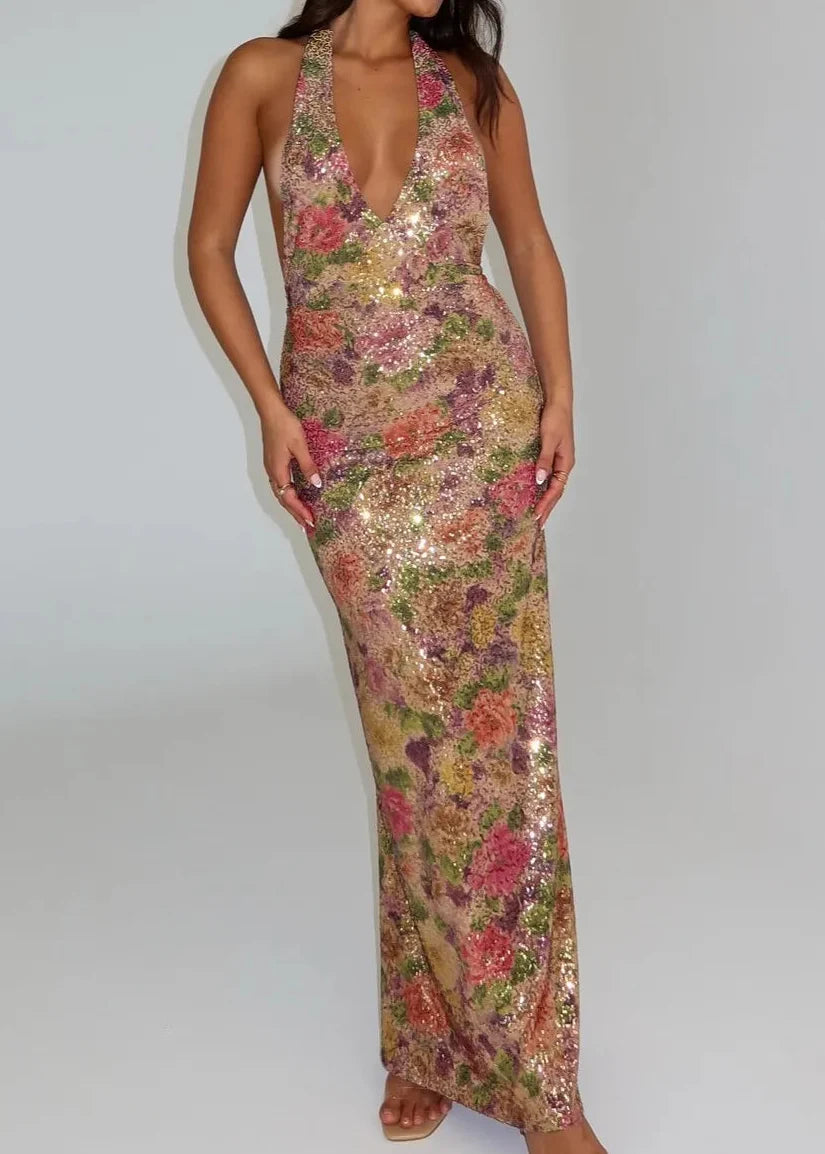 Floral Sequin Halter Gown - Backless Slim-Fit Lady-like Maxi Dress
