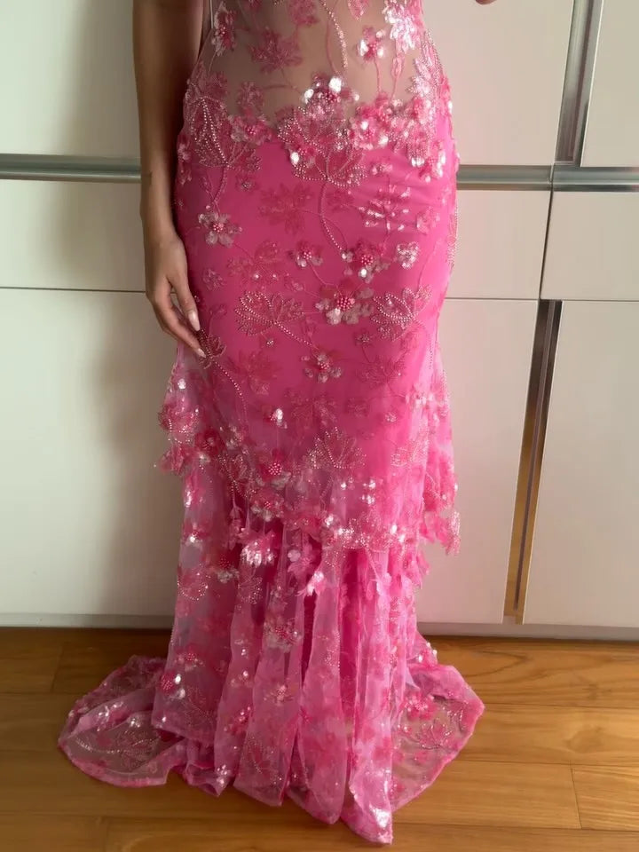 Pink Floral Beaded Sheer Mesh Spaghetti Strap Mermaid Train Evening Maxi Dress