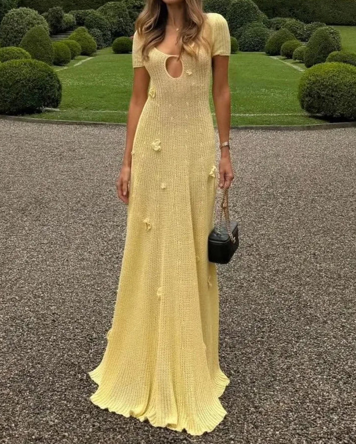 Cream Yellow 3D Flower U-Neck Cutout Knit Backless Maxi Dress