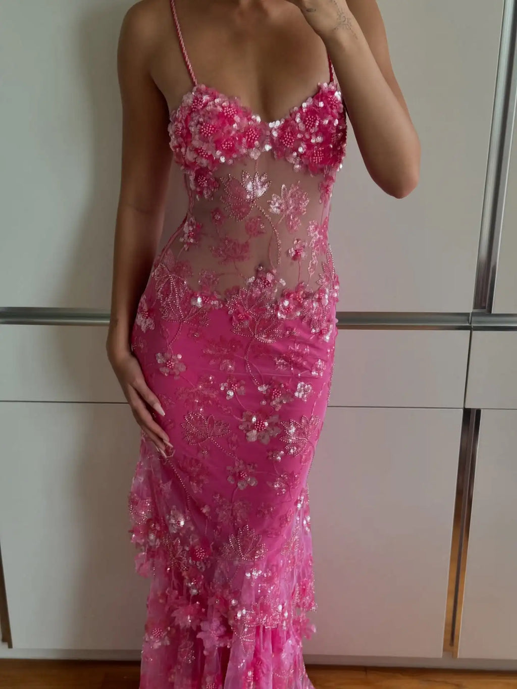 Pink Floral Beaded Sheer Mesh Spaghetti Strap Mermaid Train Evening Maxi Dress