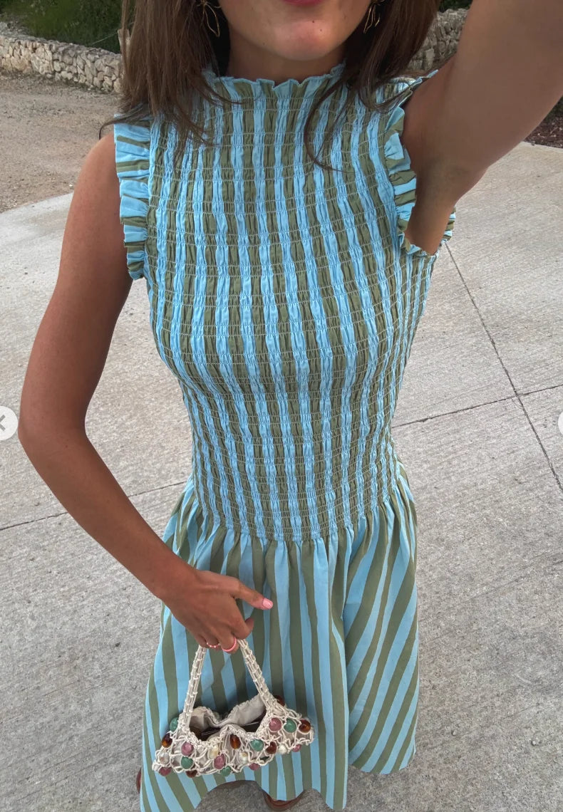 Women Sleeveless Ruffle High Neck Smocked Vertical Stripe Midi Dress