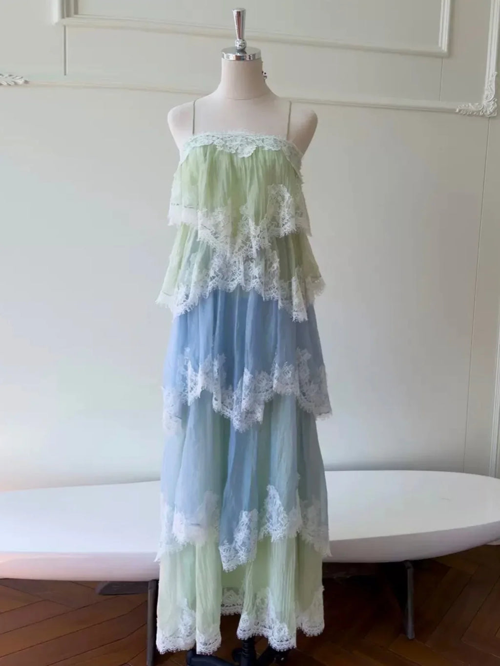 Gradient Green Blue Lace Crisscross Back Tiered Maxi Dress