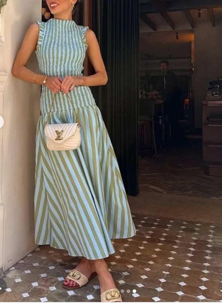 Women Sleeveless Ruffle High Neck Smocked Vertical Stripe Midi Dress