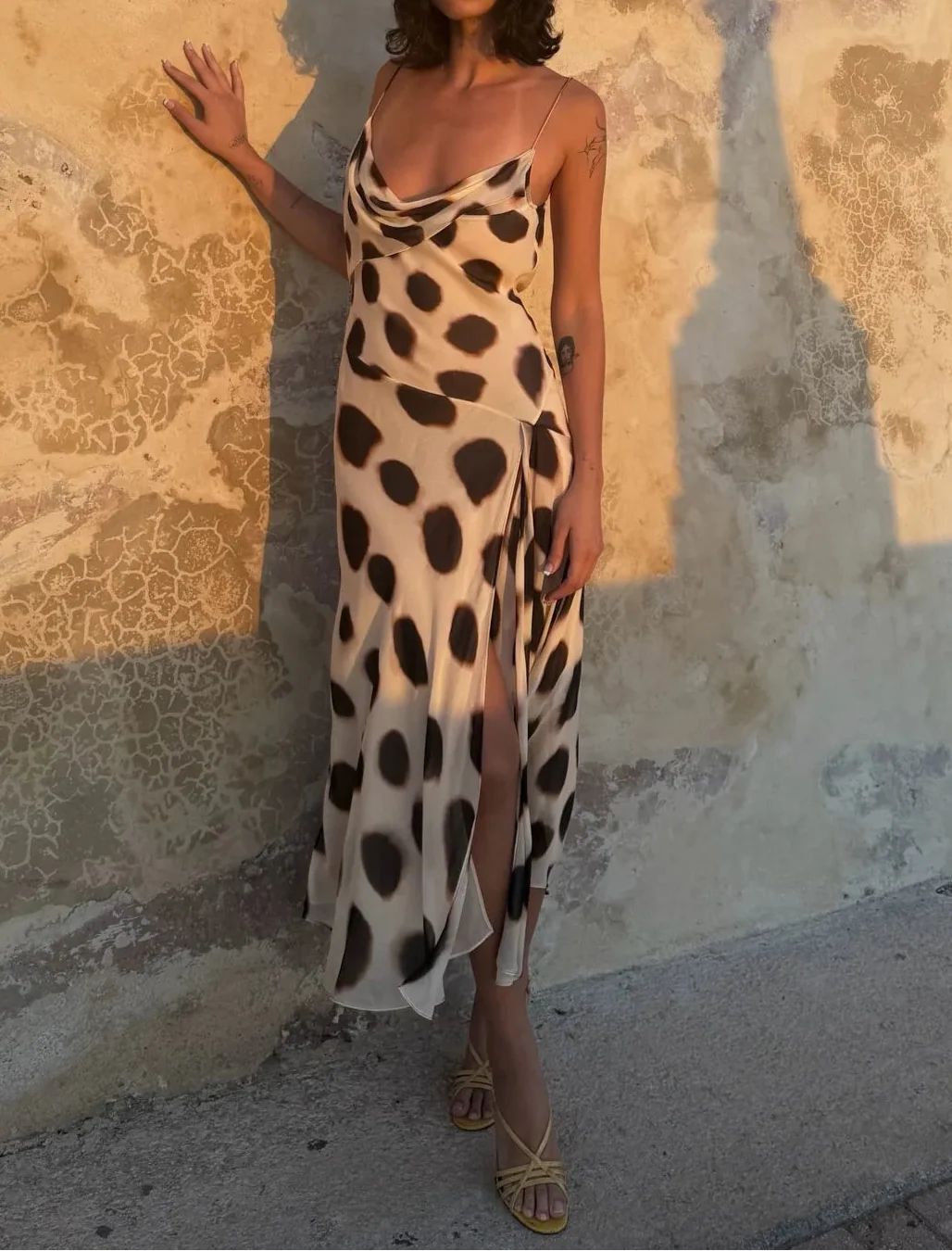 Draped Cowl Neck Polka Dot Print Slit Chiffon Slip Dress
