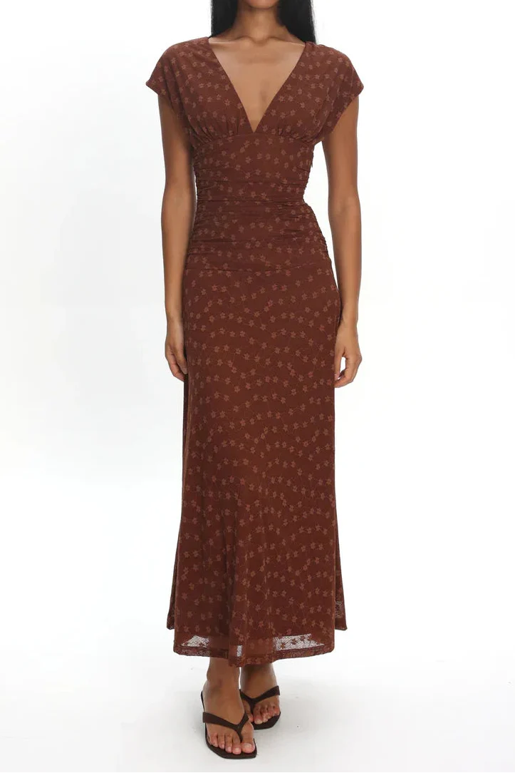 Caramel Floral Print V-Neck Cap Sleeve Ruched Waist Fitted Midi Dress