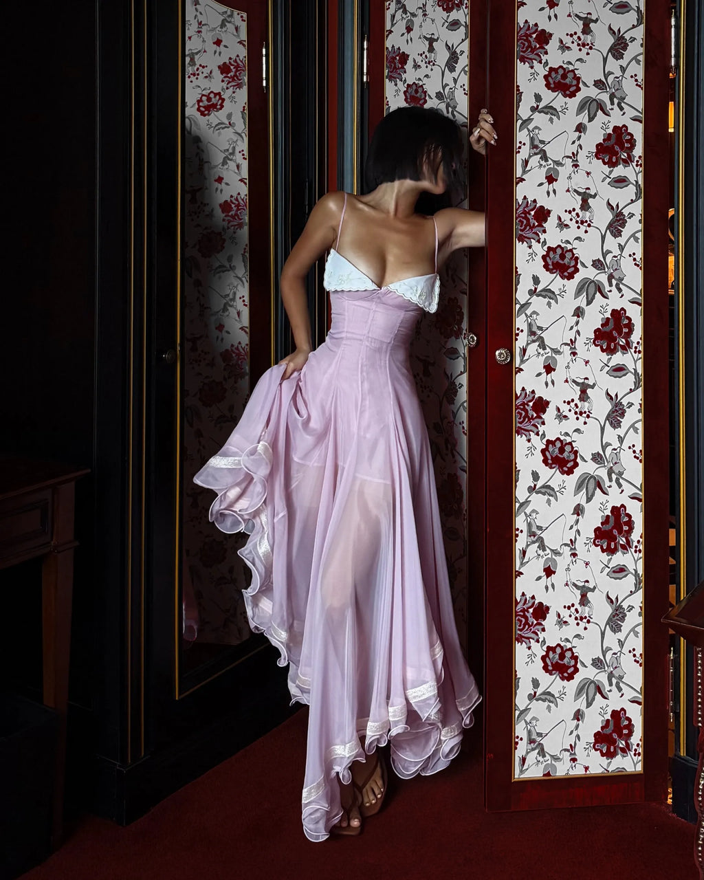 Two-Tone Satin Lace Trim Cami Flowy Maxi Dress