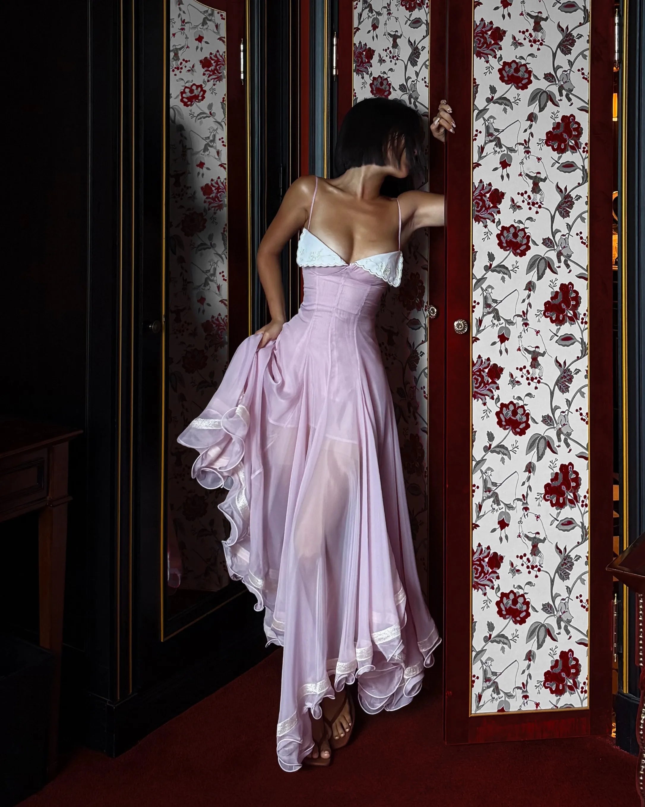 Two-Tone Satin Lace Trim Cami Flowy Maxi Dress