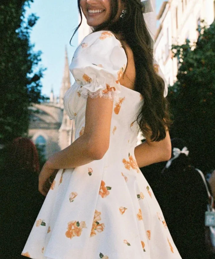 Women Square Neck Puff Sleeve Lace Trim Floral Print Mini Skater Dress