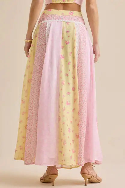 Pink Yellow Patchwork Floral Lace Cami Crop Top & Maxi Skirt Two Piece Set