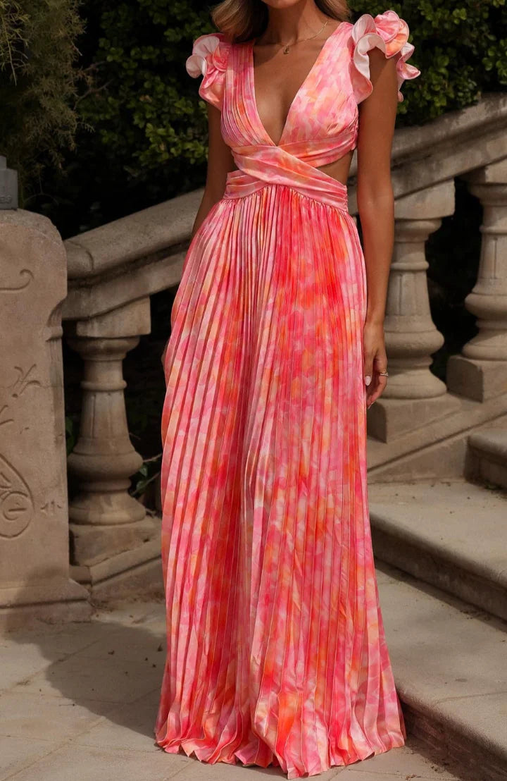 Women Ruffle Sleeve Deep V Cutout Criss Cross Back Gradient Pleated Satin Maxi Dress