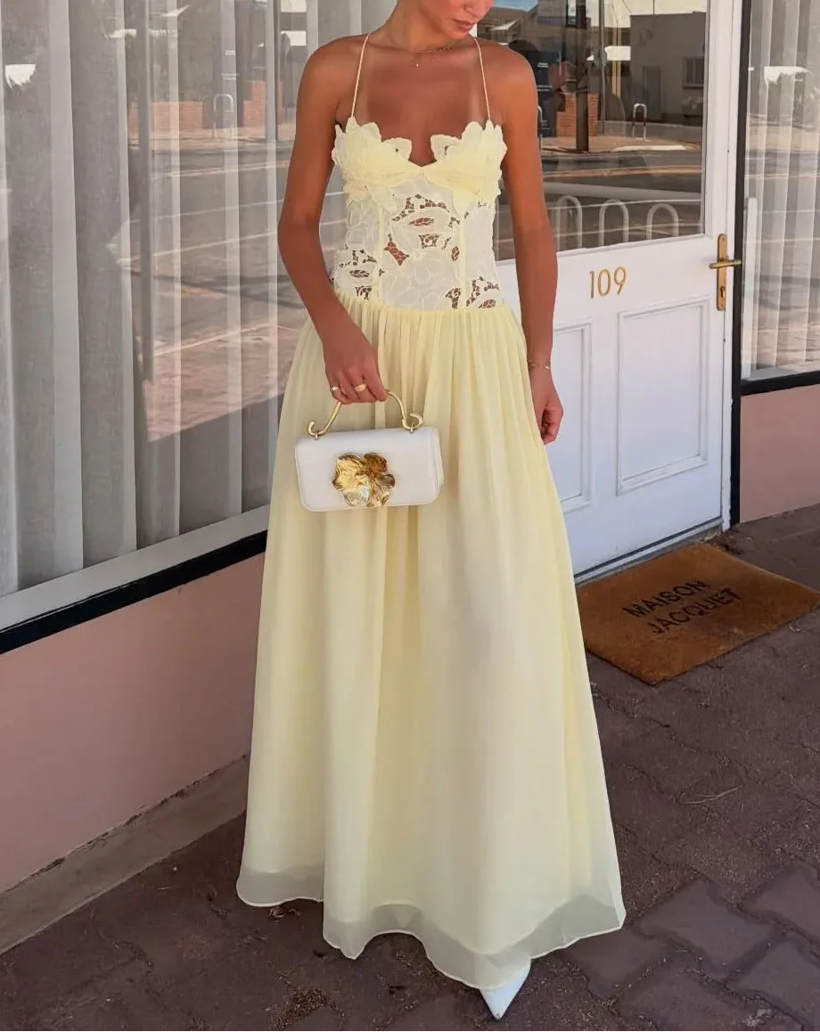 Cream Yellow 3D Floral Lace Patchwork Cross Backless Ruched Waist Flowy Maxi Vacation Dress