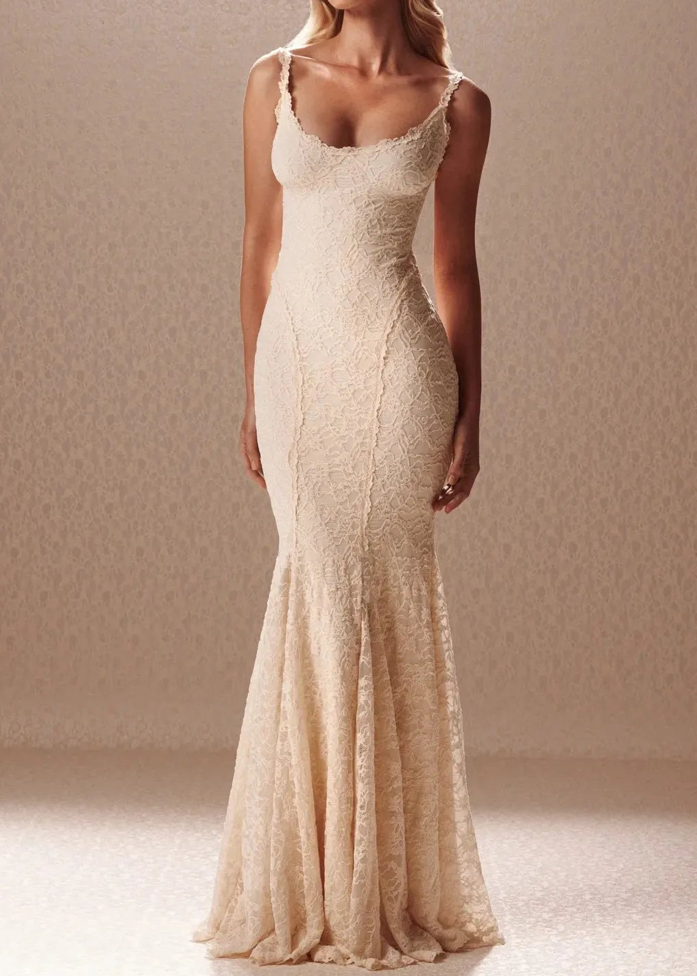 Champagne Lace Spaghetti Strap Corset Lace-Up Back Mermaid Maxi Gown