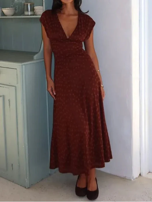Caramel Floral Print V-Neck Cap Sleeve Ruched Waist Fitted Midi Dress