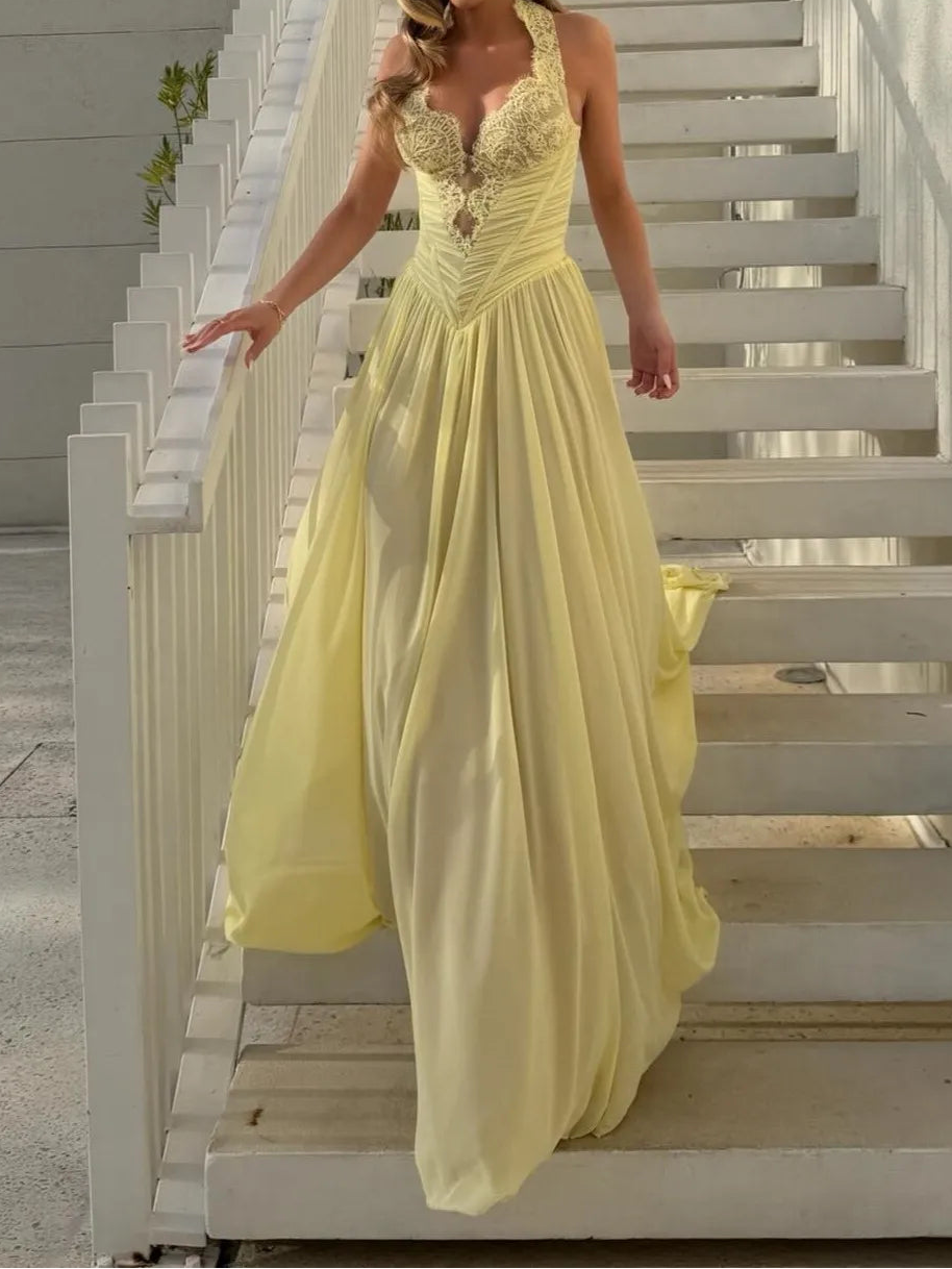 Halter Lace Corset Chiffon Evening Gown