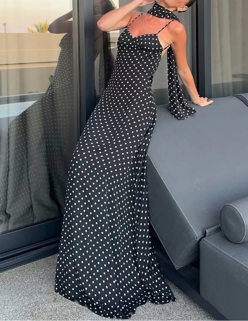 Polka Dot Slip Dress with Open Back & Neck Scarf